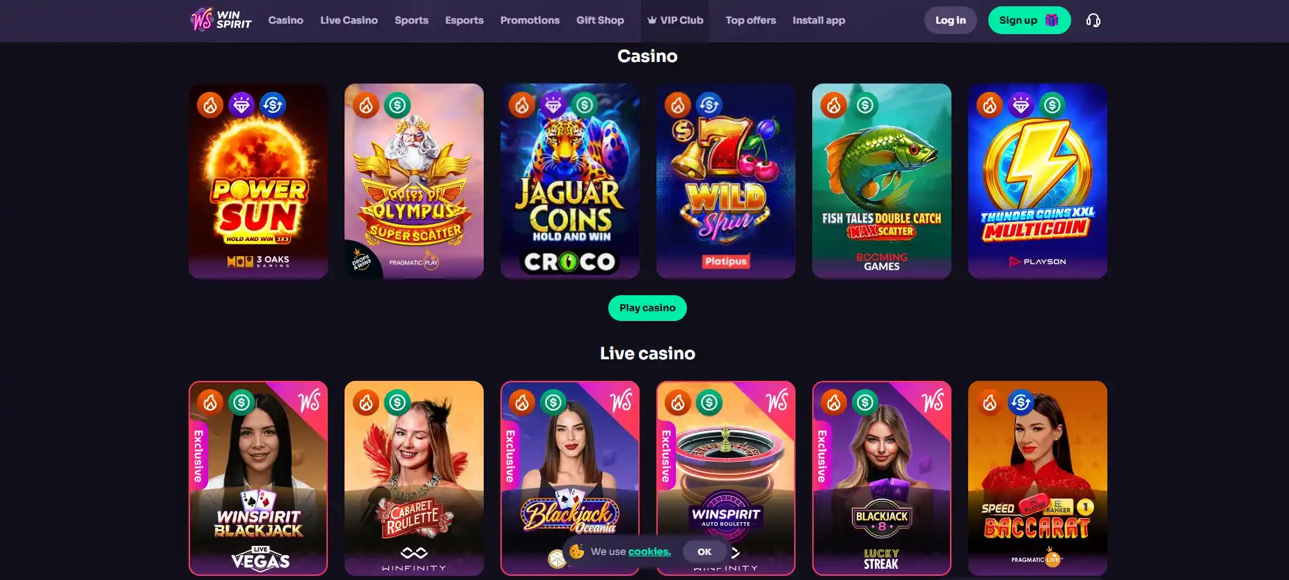 WinSpirit-Startseite mit Casino-Navigation und Übersicht der Spielangebote