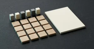 Matte neutrale Spielsteine neben einer abstrakten Rechenanordnung auf dunklem Tisch