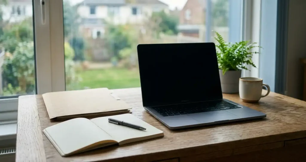 Geschlossener Laptop neben einem neutralen Notizbuch und einer unbeschrifteten Dokumentenmappe