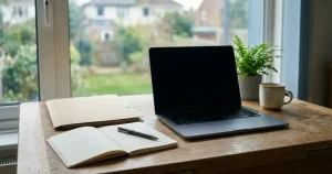 Geschlossener Laptop neben einem neutralen Notizbuch und einer unbeschrifteten Dokumentenmappe