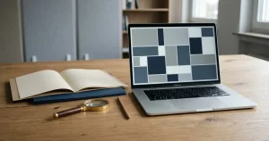 Geordnete Unterlagen neben einem Laptop mit abstrakter Registeransicht