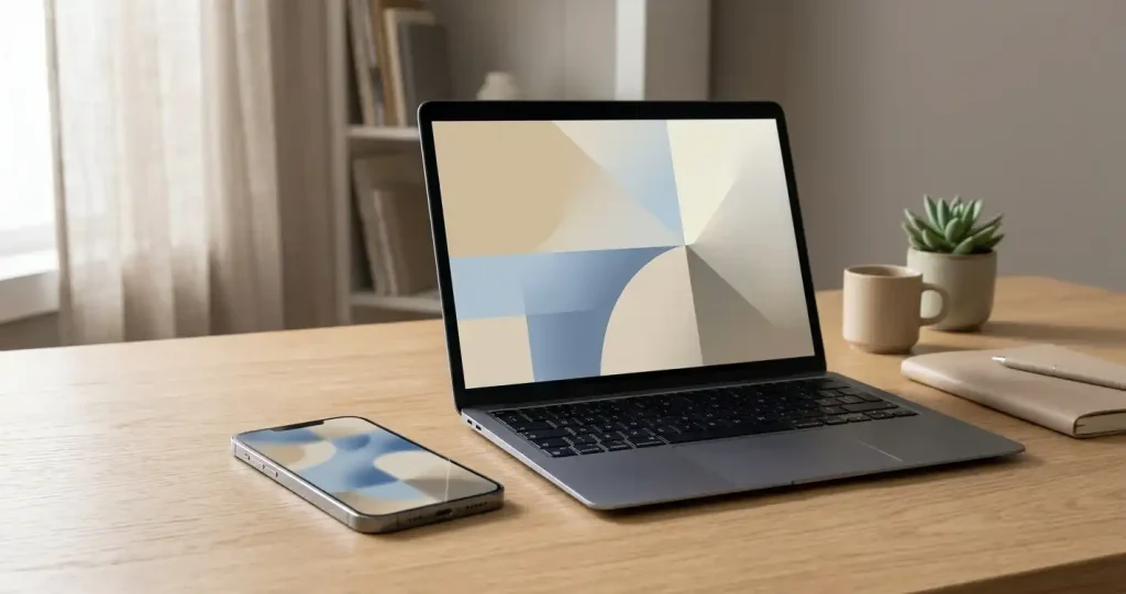 Schlichtes Smartphone neben einem aufgeklappten Laptop mit abstrakten unbeschrifteten Bildschirmflächen