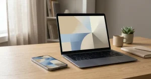 Schlichtes Smartphone neben einem aufgeklappten Laptop mit abstrakten unbeschrifteten Bildschirmflächen
